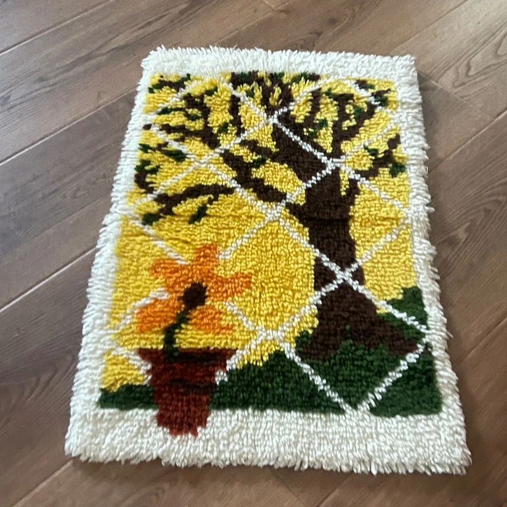 Vintage Latch Hook Wall Hanging Tree Orange Flower Yellow Wool Yarn 60s 70s